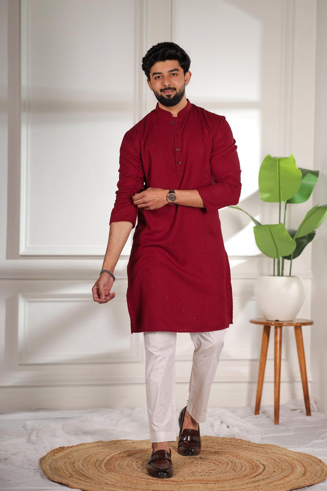 Mens Maroon Embroidered Cotton Kurta Set (ACA7306)