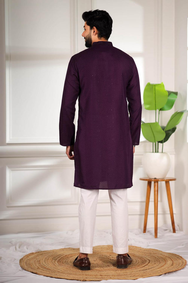 Mens Violet Embroidered Cotton Kurta Set (ACA7307)