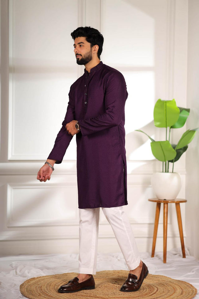 Mens Violet Embroidered Cotton Kurta Set (ACA7307)