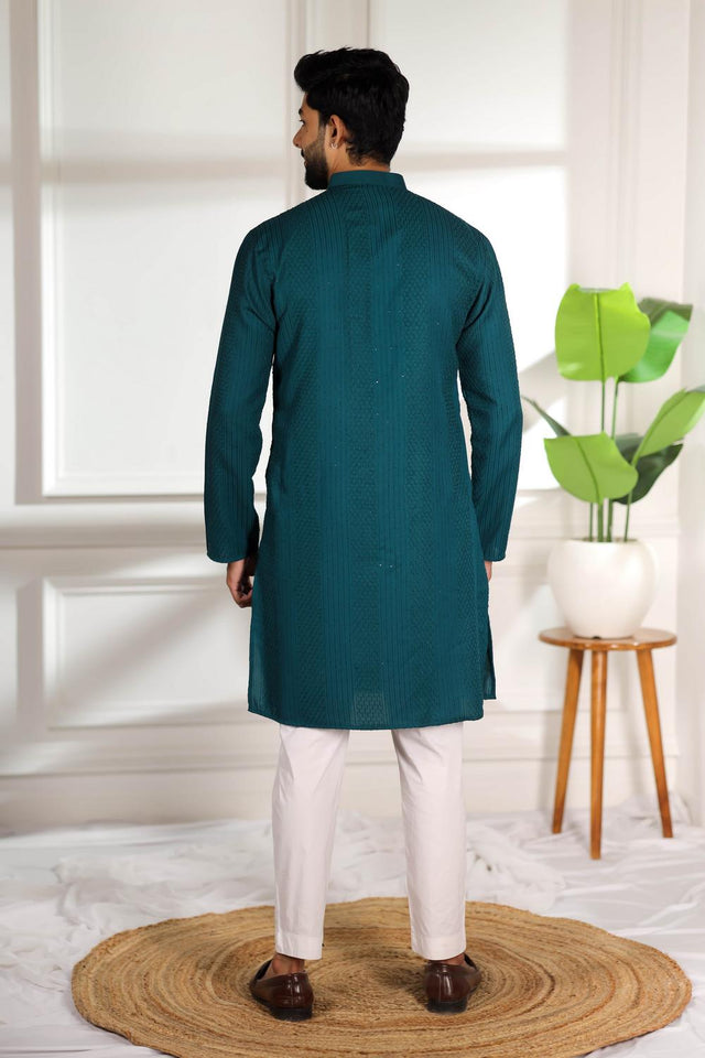 Mens Turquoise Embroidered Cotton Kurta Set (ACA7308)