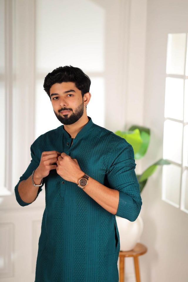 Mens Turquoise Embroidered Cotton Kurta Set (ACA7308)