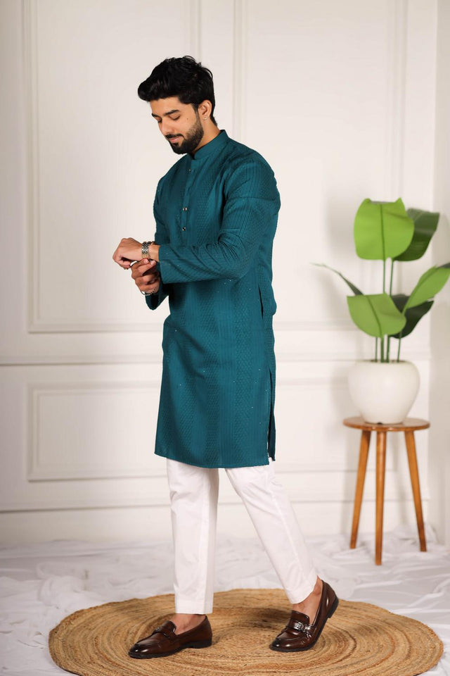 Mens Turquoise Embroidered Cotton Kurta Set (ACA7308)
