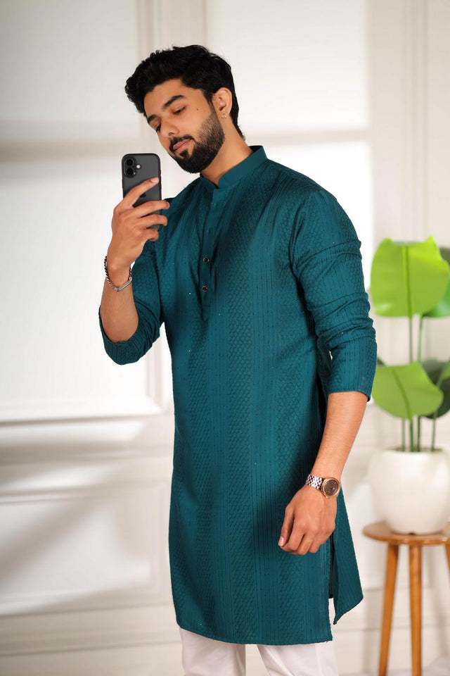 Mens Turquoise Embroidered Cotton Kurta Set (ACA7308)