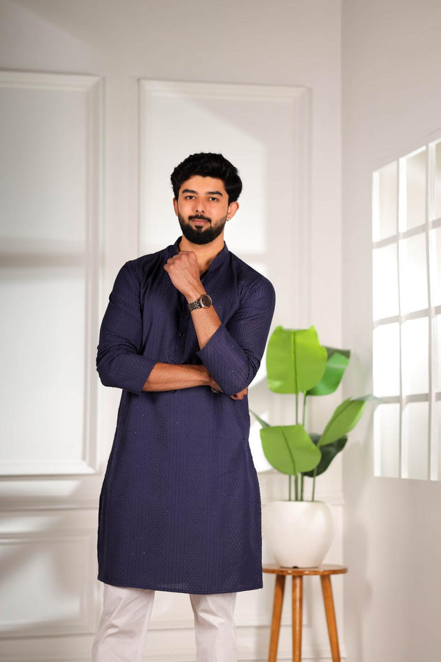 Mens Navy Blue Embroidered Cotton Kurta Set (ACA7309)