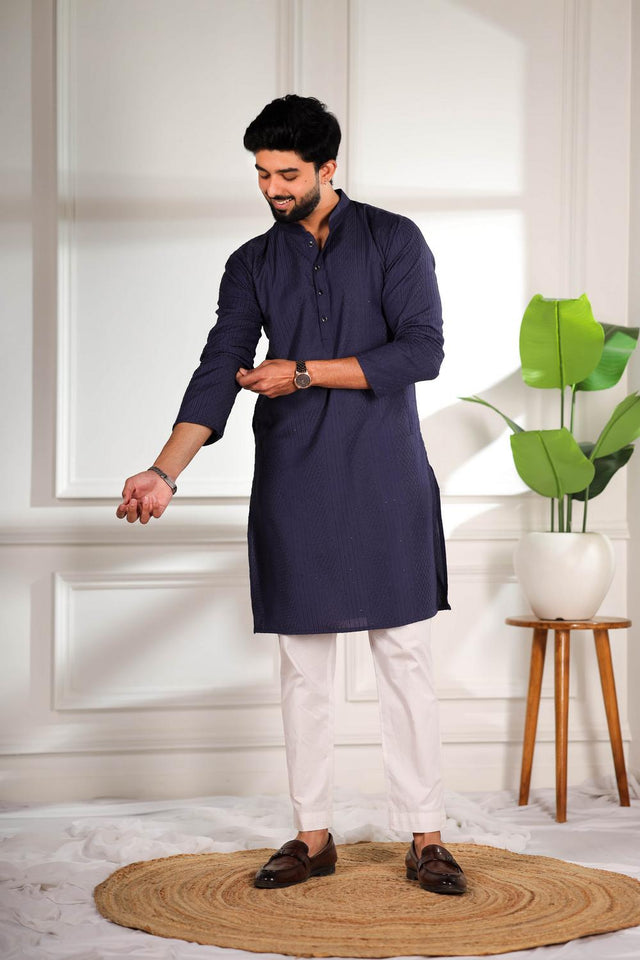 Mens Navy Blue Embroidered Cotton Kurta Set (ACA7309)
