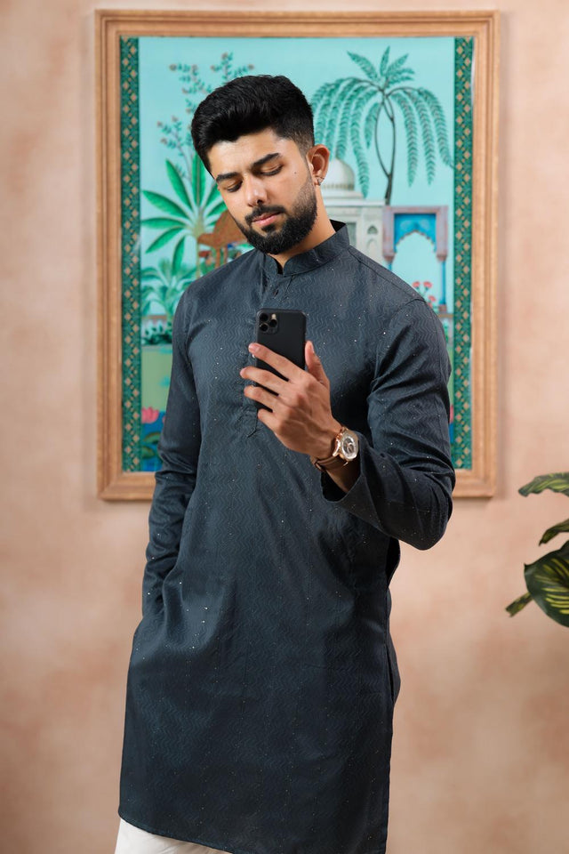 Mens Grey Woven Cotton Kurta Set (ACA7310)