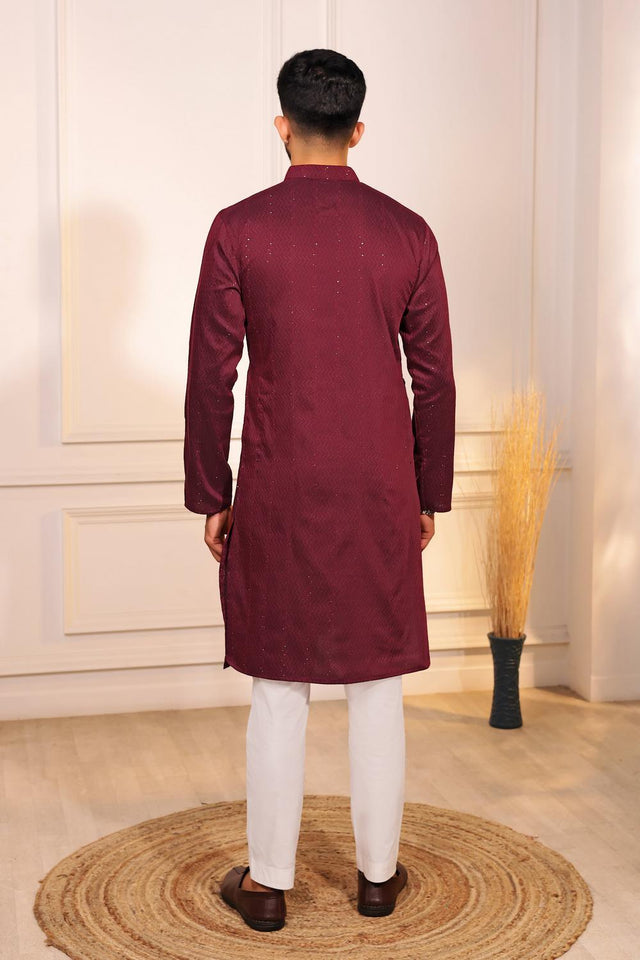 Mens Maroon Woven Cotton Kurta Set (ACA7312)