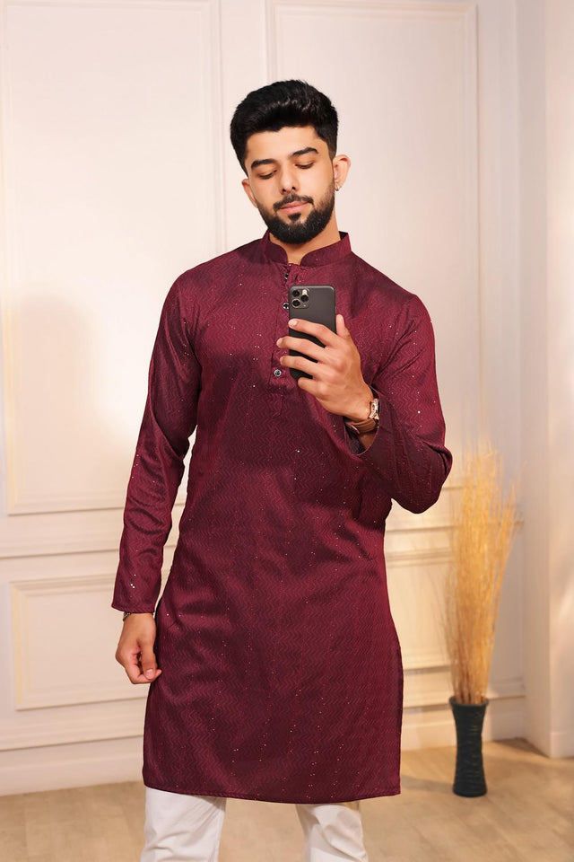 Mens Maroon Woven Cotton Kurta Set (ACA7312)