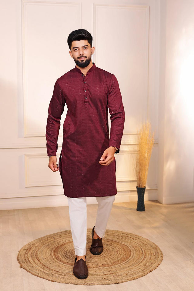 Mens Maroon Woven Cotton Kurta Set (ACA7312)