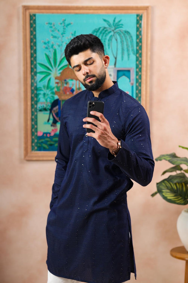 Mens Blue Woven Cotton Kurta Set (ACA7313)