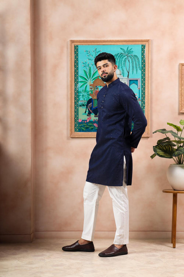 Mens Blue Woven Cotton Kurta Set (ACA7313)
