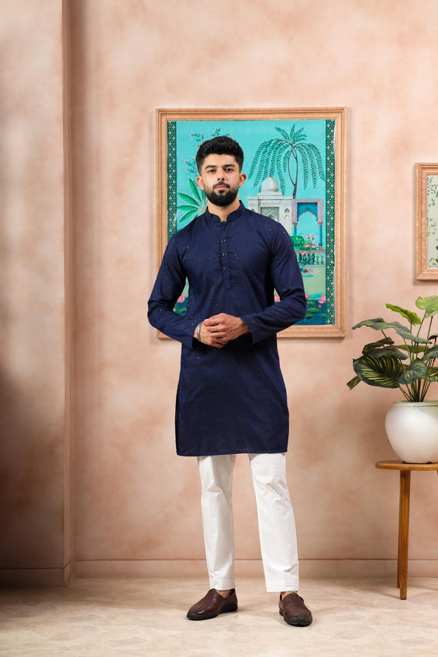 Mens Blue Woven Cotton Kurta Set (ACA7313)
