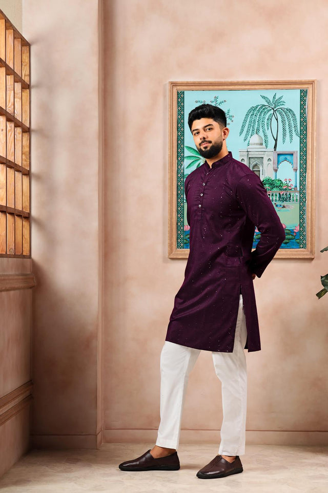 Mens Wine Woven Cotton Kurta Set (ACA7315)