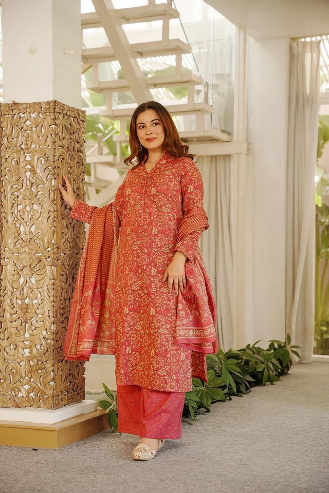 Rust Floral Printed Cotton Kurti Palazzo Set (ACA7318)
