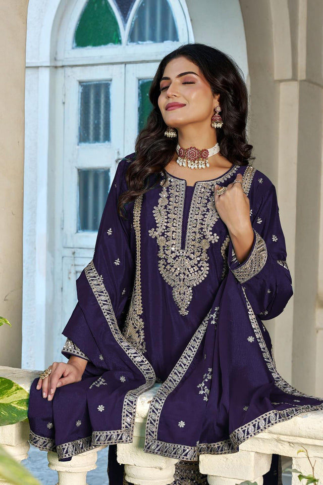 Free Size Stitched Purple Sequin with Embroidered Chinon Palazzo Suit (ACA7321)
