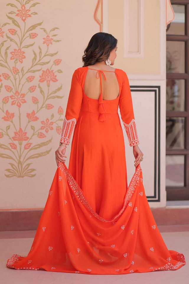 Orange Floral Embroidered Georgette Anarkali Suit (ACA7324)