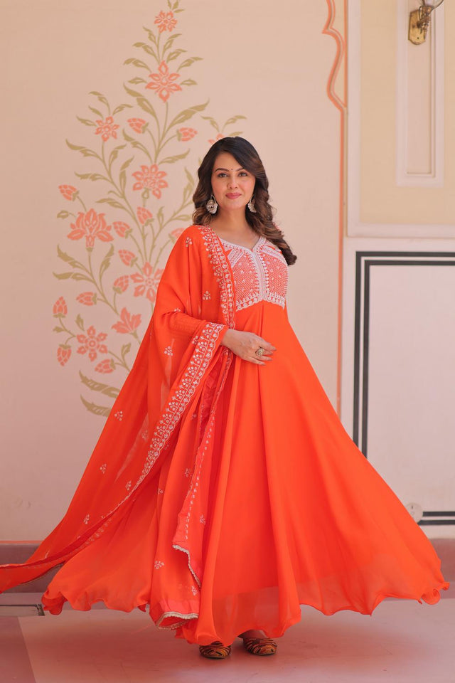 Orange Floral Embroidered Georgette Anarkali Suit (ACA7324)
