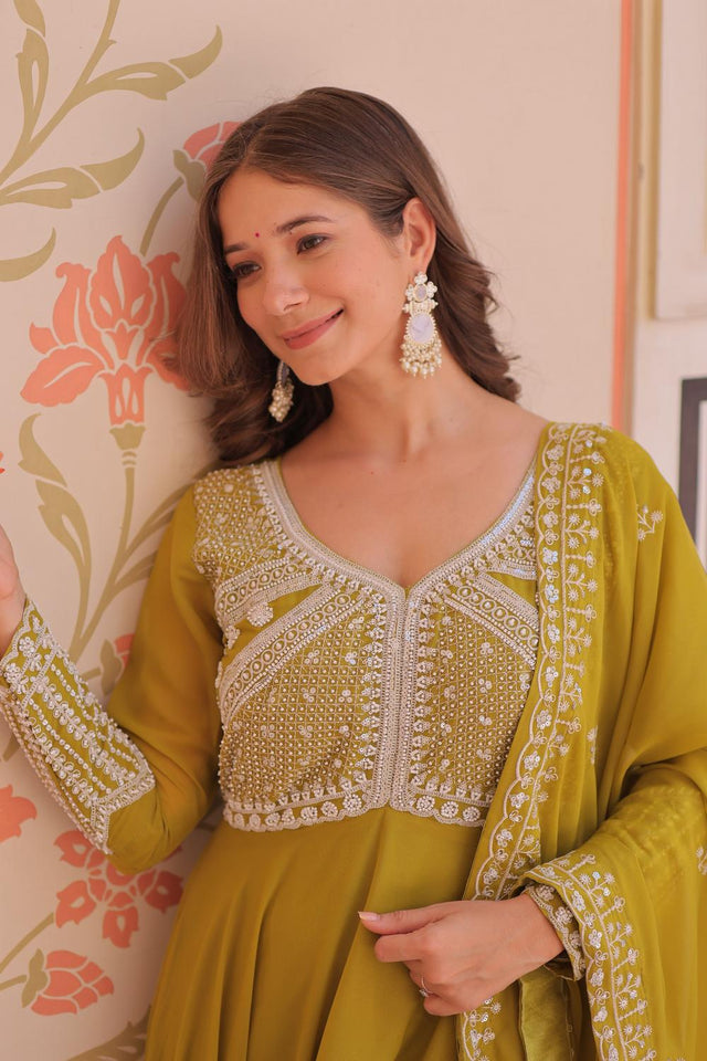 Green Floral Embroidered Georgette Anarkali Suit (ACA7325)