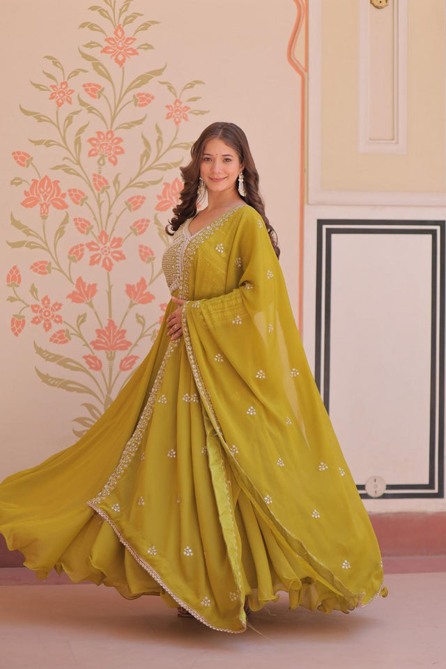 Green Floral Embroidered Georgette Anarkali Suit (ACA7325)