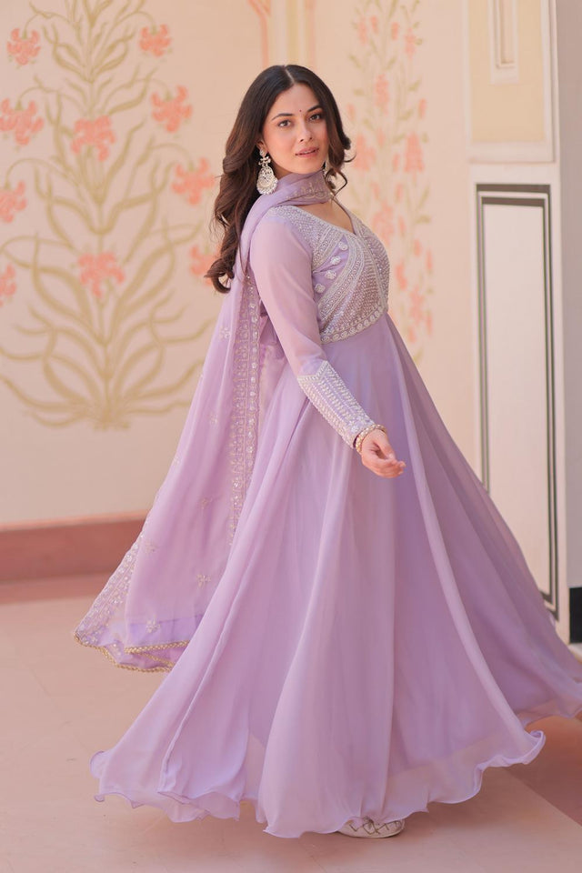 Lavender Floral Embroidered Georgette Anarkali Suit (ACA7326)