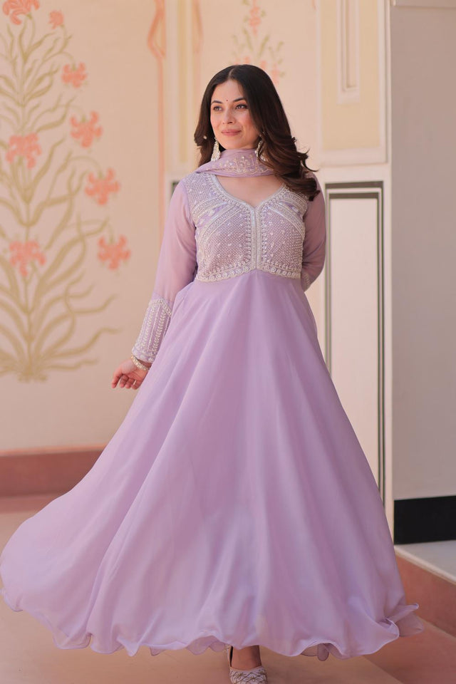 Lavender Floral Embroidered Georgette Anarkali Suit (ACA7326)