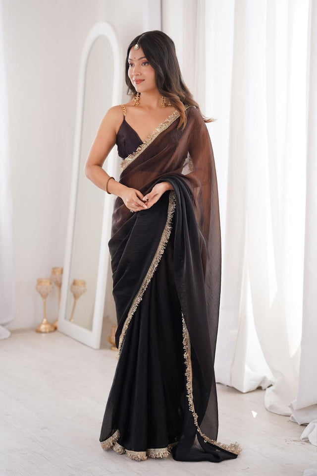 Black Solid With Zari Lace Border Satin Saree (ACA7334)