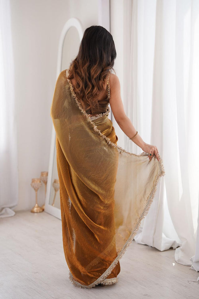 Gold Solid With Zari Lace Border Satin Saree (ACA7335)