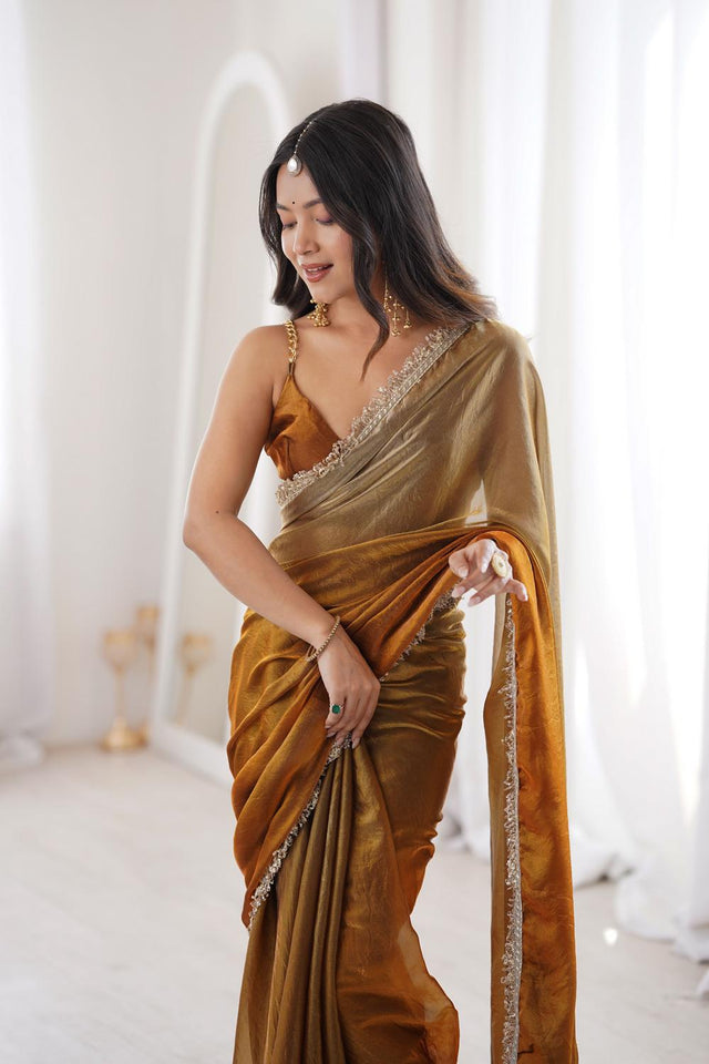Gold Solid With Zari Lace Border Satin Saree (ACA7335)