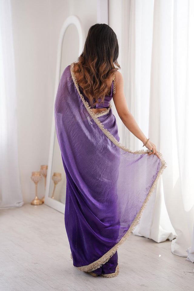 Violet Solid With Zari Lace Border Satin Saree (ACA7337)