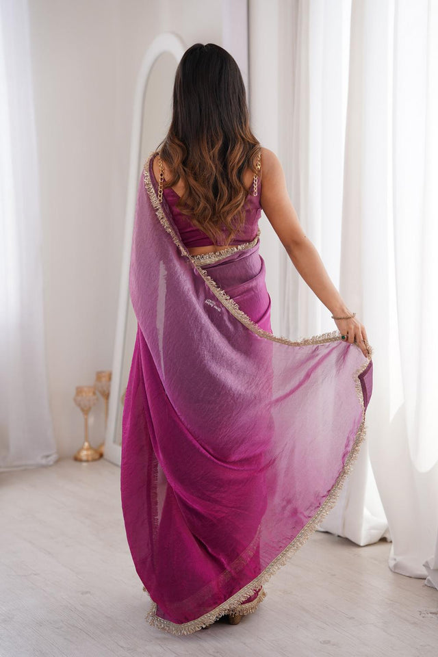 Wine Solid With Zari Lace Border Satin Saree (ACA7338)
