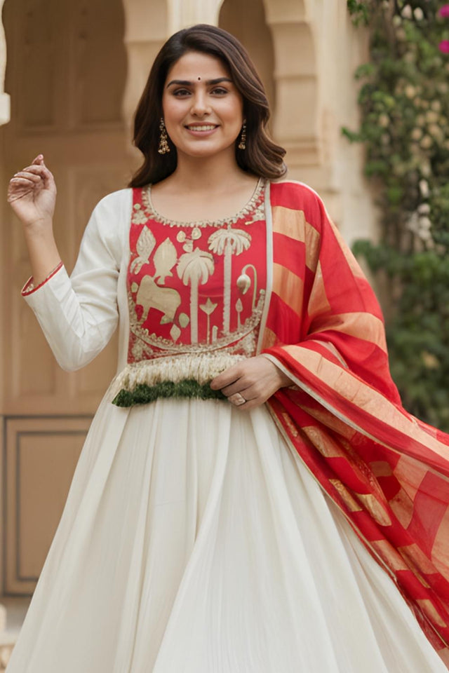 Off White Embroidered Silk Anarkali Suit (ACA7360)