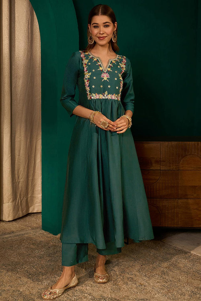 Green Floral Embroidered Silk Anarkali Suit (ACA7362)