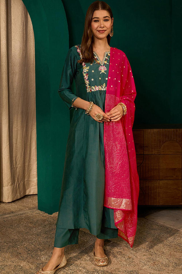 Green Floral Embroidered Silk Anarkali Suit (ACA7362)
