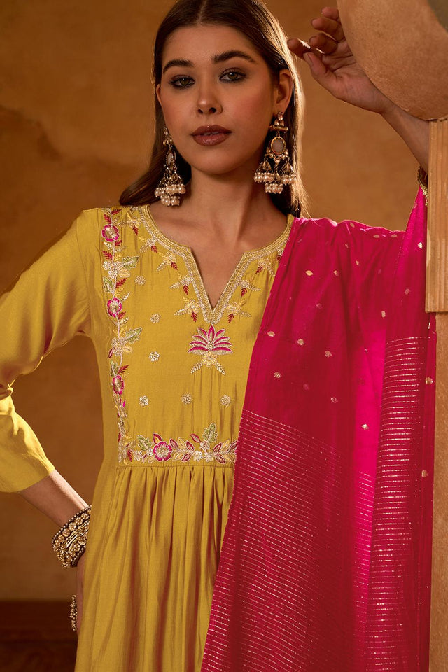 Mustard Floral Embroidered Silk Anarkali Suit (ACA7363)