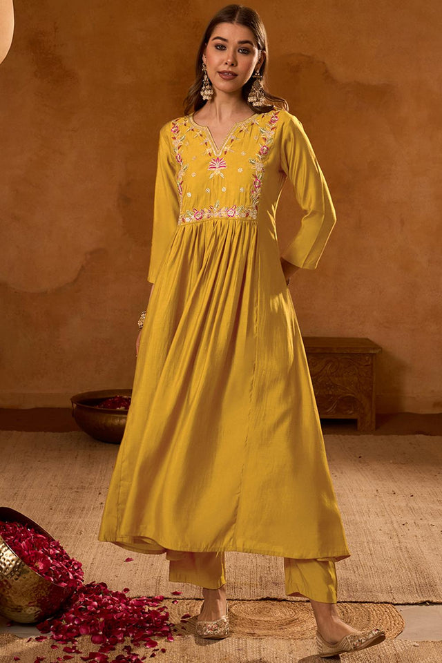 Mustard Floral Embroidered Silk Anarkali Suit (ACA7363)
