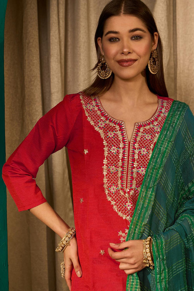 Red Floral Embroidered Silk Straight Cut Suit (ACA7366)