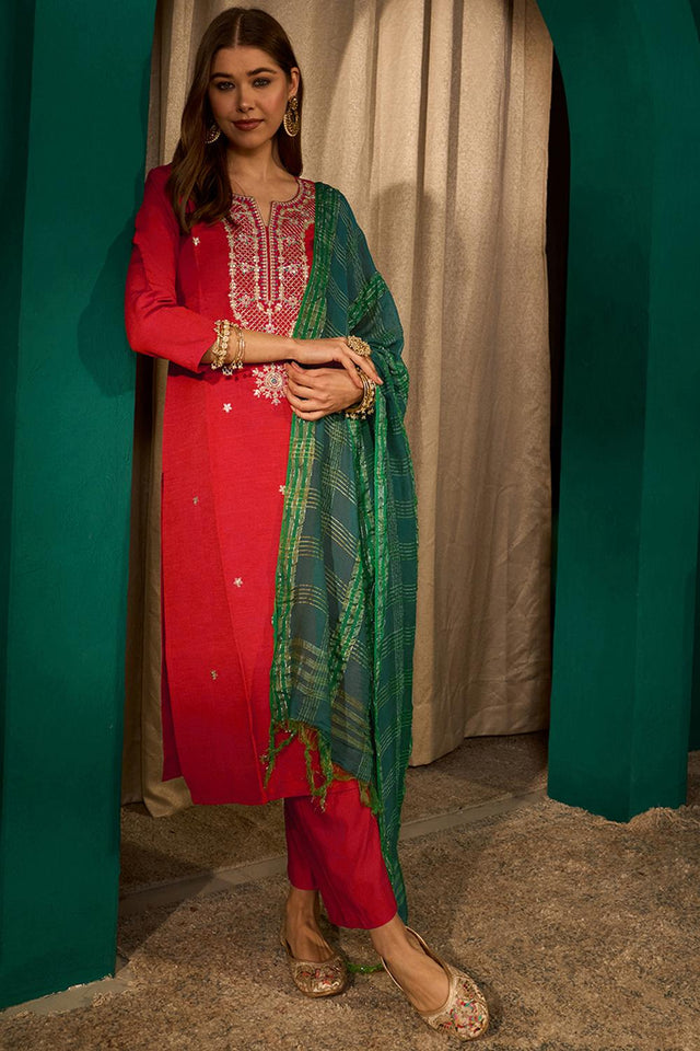 Red Floral Embroidered Silk Straight Cut Suit (ACA7366)