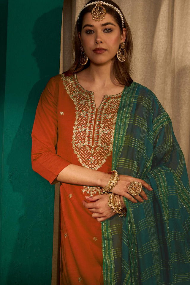 Rust Floral Embroidered Silk Straight Cut Suit (ACA7367)
