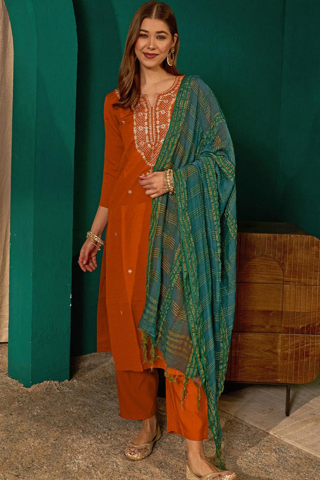 Rust Floral Embroidered Silk Straight Cut Suit (ACA7367)