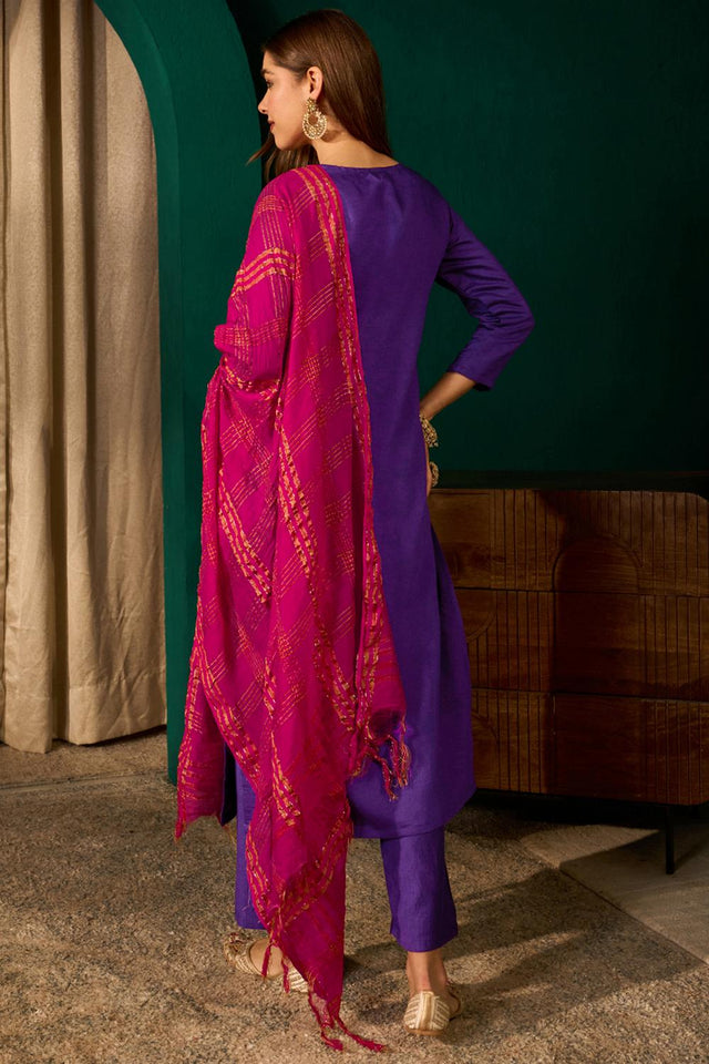 Violet Floral Embroidered Silk Straight Cut Suit (ACA7368)