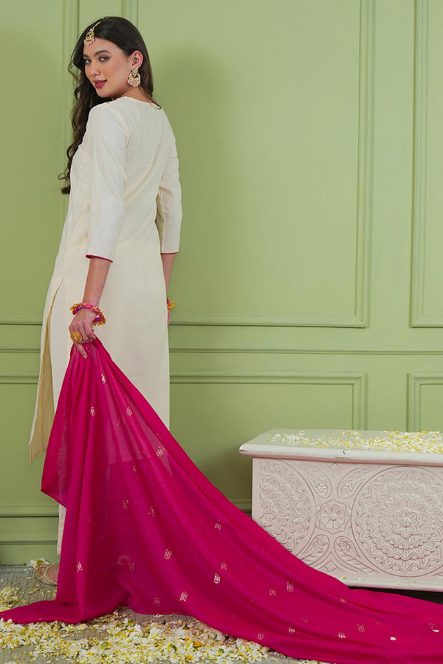Off White Floral Embroidered Silk Straight Cut Suit (ACA7369)