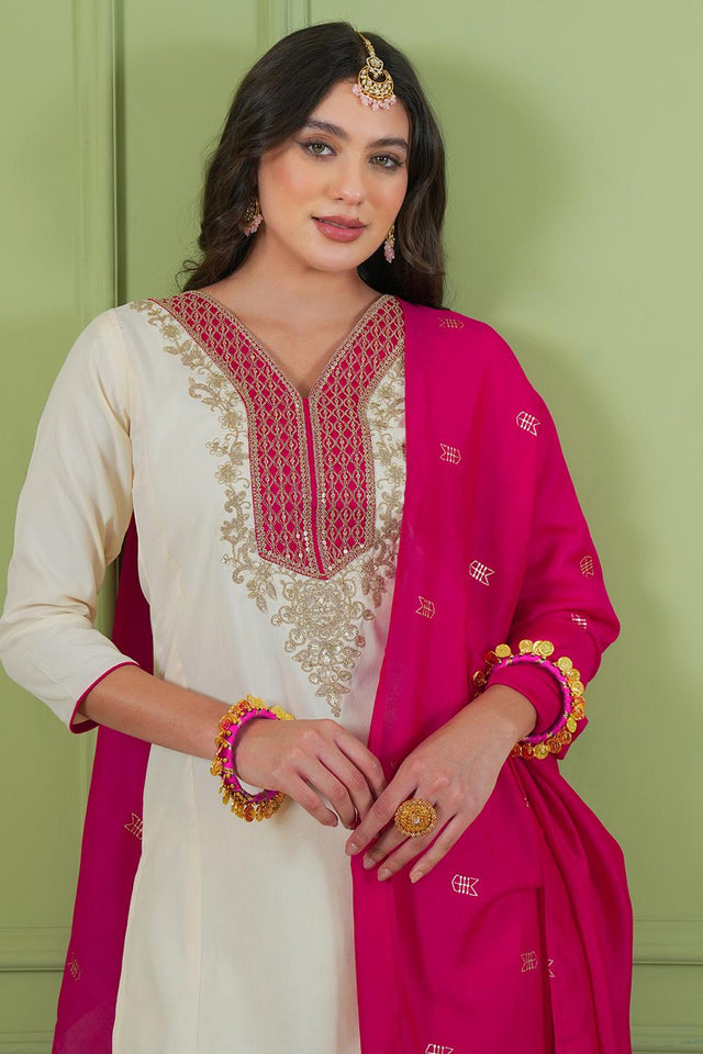 Off White Floral Embroidered Silk Straight Cut Suit (ACA7369)