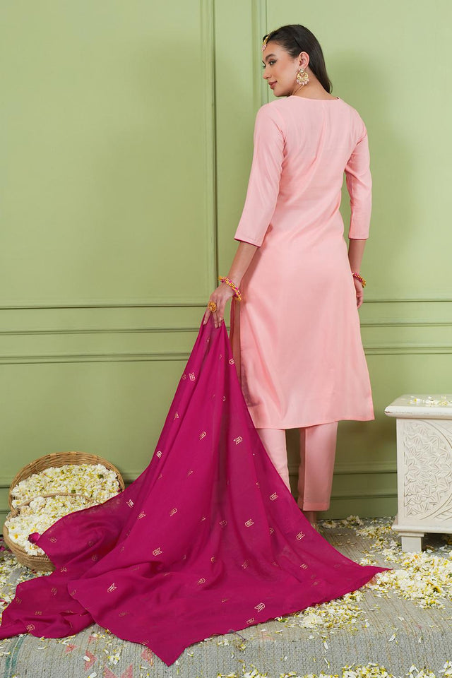 Peach Floral Embroidered Silk Straight Cut Suit (ACA7370)