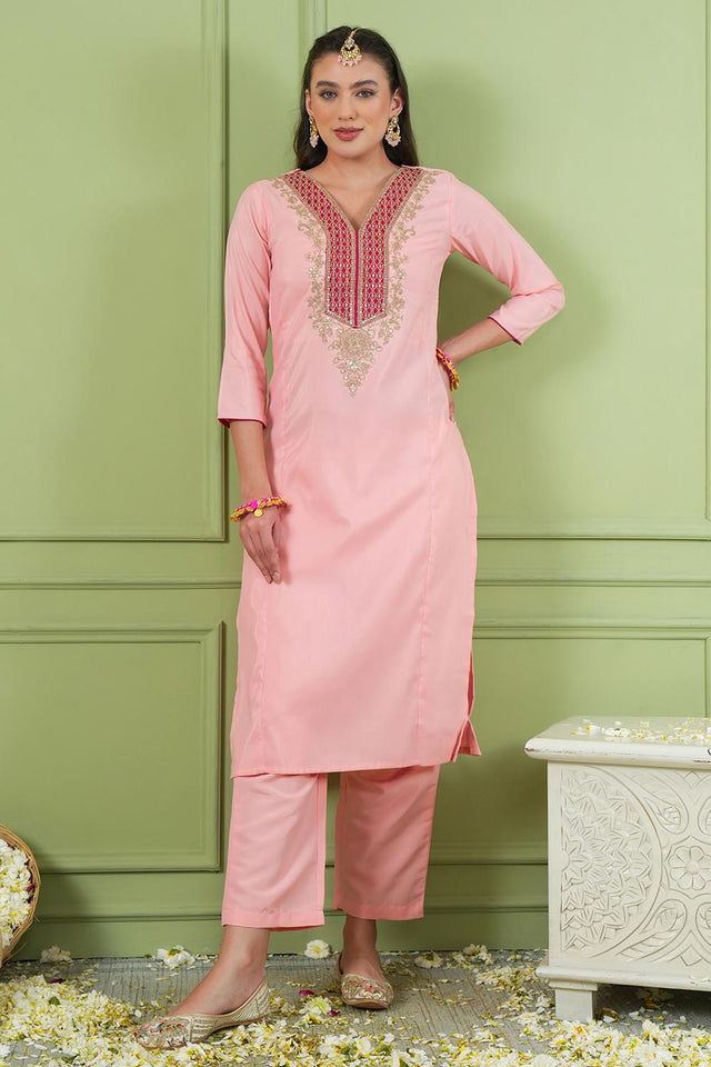 Peach Floral Embroidered Silk Straight Cut Suit (ACA7370)