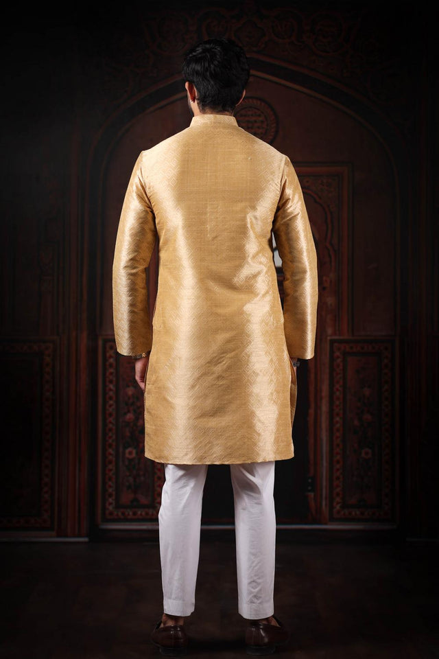 Mens Beige Woven Art Silk Kurta Set (ACA7375)