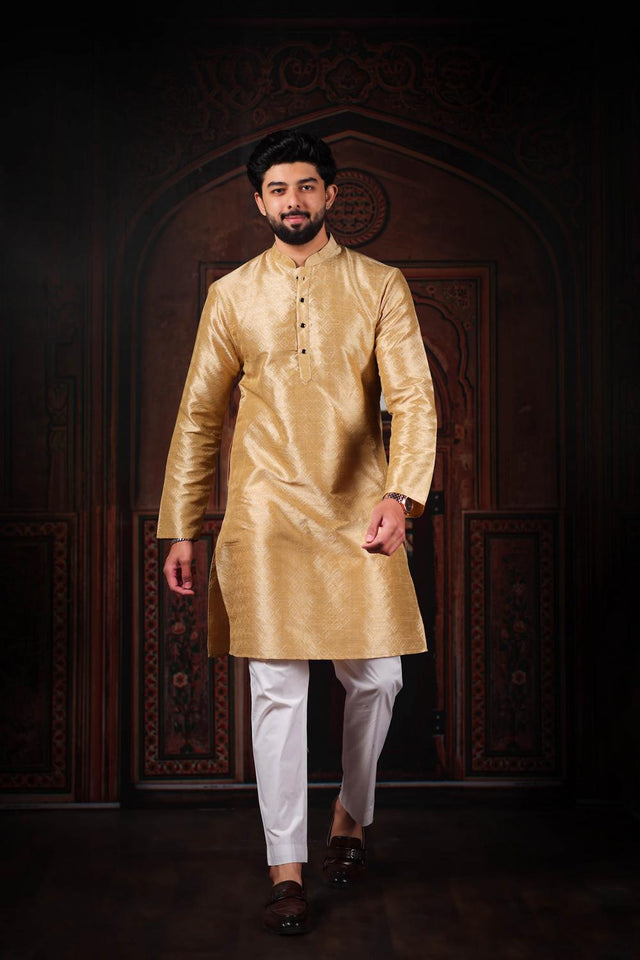 Mens Beige Woven Art Silk Kurta Set (ACA7375)