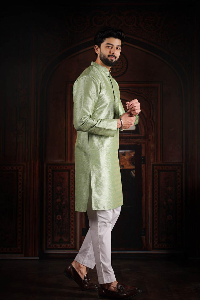 Mens Green Woven Art Silk Kurta Set (ACA7376)