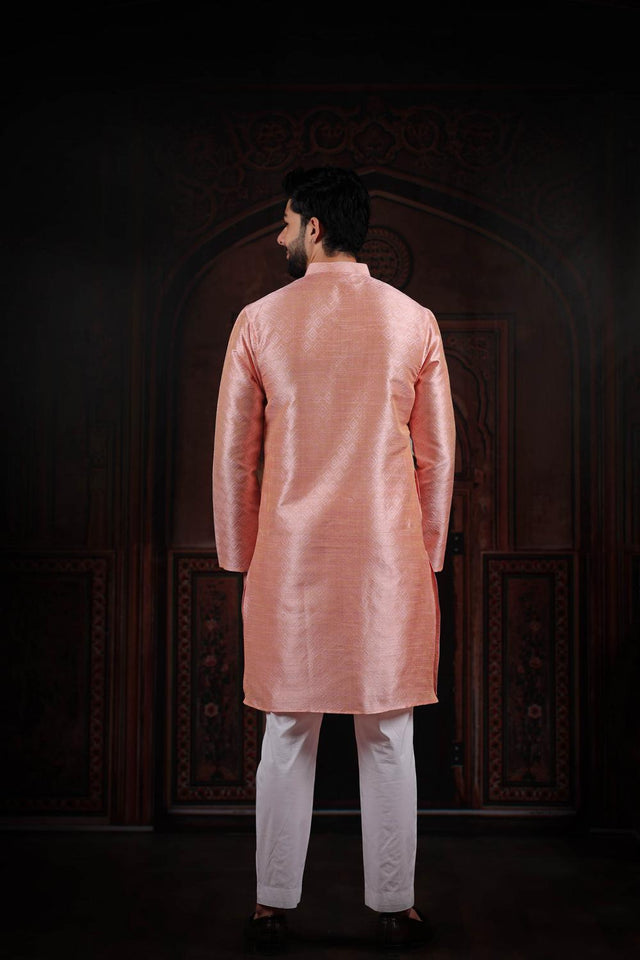 Mens Pink Woven Art Silk Kurta Set (ACA7377)