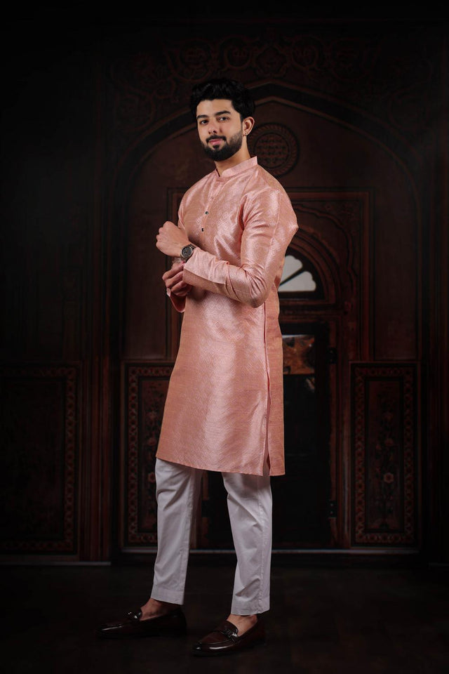 Mens Pink Woven Art Silk Kurta Set (ACA7377)