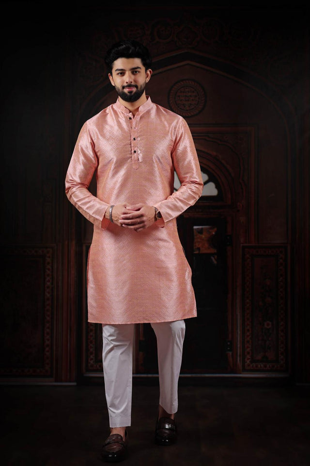 Mens Pink Woven Art Silk Kurta Set (ACA7377)